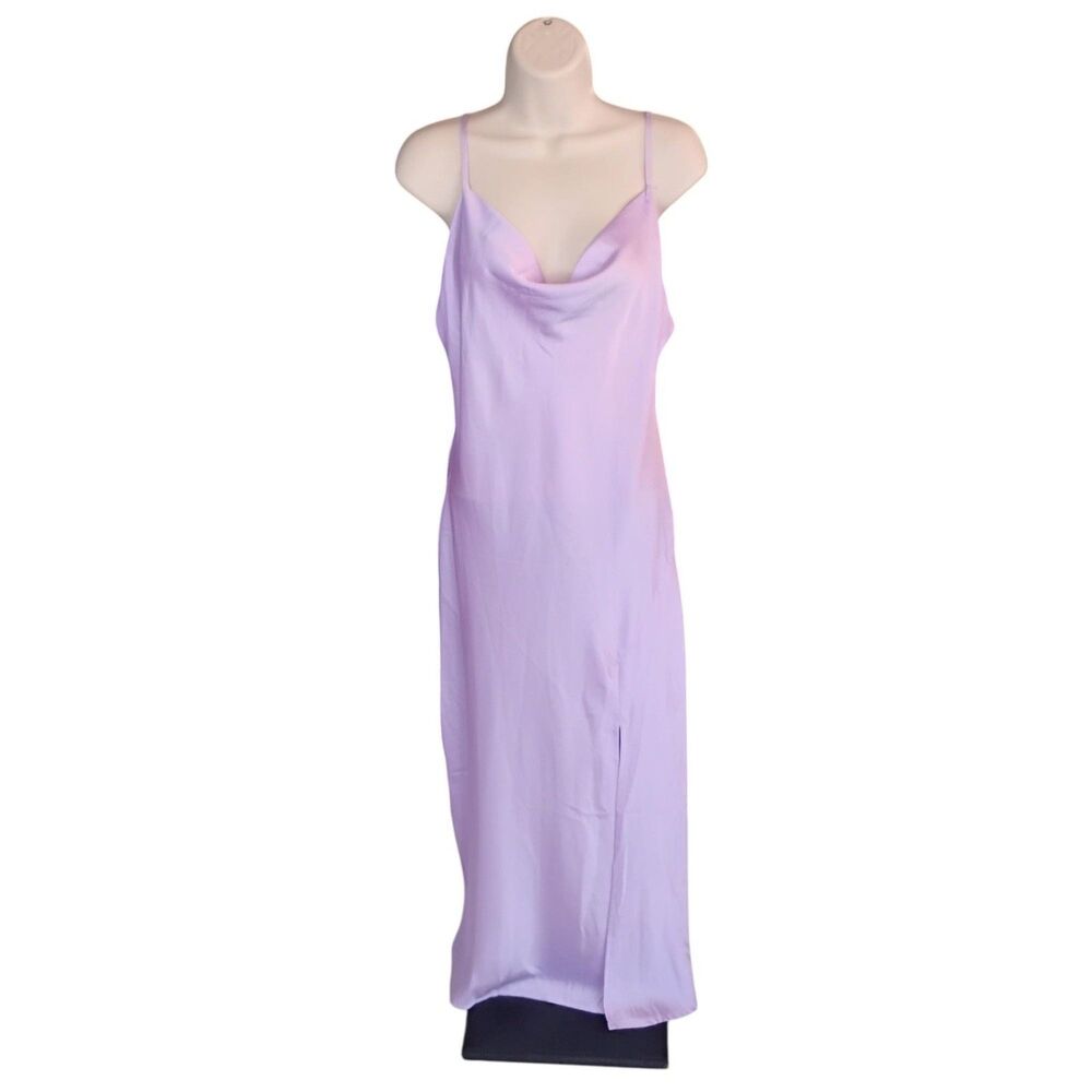 Paper Heart Slip Dress Womens M Purple Satin Cowl Neck Side Slit Long Strappy